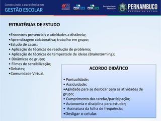 ESTRATÉGIAS DE ESTUDO

•Encontros presenciais e atividades a distância;
•Aprendizagem colaborativa; trabalho em grupo;
•Estudo de casos;
• Aplicação de técnicas de resolução de problema;
• Aplicação de técnicas de tempestade de ideias (Brainstorming);
• Dinâmicas de grupo;
• Filmes de sensibilização;
•Debates;                                        ACORDO DIDÁTICO
•Comunidade Virtual.
                                 • Pontualidade;
                                 • Assiduidade;
                                 •Agilidade para se deslocar para as atividades de
                                 grupo;
                                 • Cumprimento das tarefas/participação;
                                 • Autonomia e disciplina para estudar;
                                 • Assinatura da folha de frequência;
                                 •Desligar o celular.
 