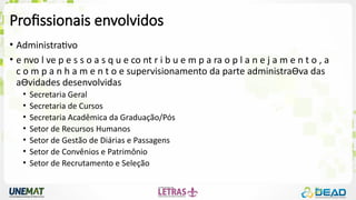 Profissionais envolvidos
• Administrativo
• e nvo l ve p e s s o a s q u e co nt r i b u e m p a ra o p l a n e j a m e n t o , a
c o m p a n h a m e n t o e supervisionamento da parte administraƟva das
aƟvidades desenvolvidas
• Secretaria Geral
• Secretaria de Cursos
• Secretaria Acadêmica da Graduação/Pós
• Setor de Recursos Humanos
• Setor de Gestão de Diárias e Passagens
• Setor de Convênios e Patrimônio
• Setor de Recrutamento e Seleção
 