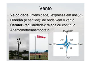 VentoVento
• VelocidadeVelocidade (intensidade): expressa em nós(kt)(intensidade): expressa em nós(kt)
• DireçãoDireção (e sentido): de onde vem o vento(e sentido): de onde vem o vento
• CaráterCaráter (regularidade): rajada ou contínuo(regularidade): rajada ou contínuo
• Anemômetro/anemógrafoAnemômetro/anemógrafo 0° ou 360°
90°
180°
270°
 