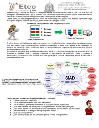 Essa estratégia consiste em efetuar o carregamento dos materiais solicitados de acordo com a ordem das
entregas a serem realizadas. Isto é, o último local de entrega deve ser o primeiro pedido a ser colocado no
veículo e o primeiro local de entrega deve ser o último pedido a ser carregado.
Dessa forma, os descarregamentos são feitos na ordem estipulada para a rota, ficando a primeira carga
mais perto da porta de saída do veículo, como mostra a ilustração abaixo.
A rotina dessas atividades varia conforme o tamanho e complexidade dos canais utilizados pelas empresas
que para portes maiores desenvolvem softwares específicos e esse envio passa a ser planejado via
sistema e a expedição então monitora a saída do almoxarifado dos produtos solicitados por uma unidade
administrativa requisitante.
Para realizar a expedição é emitido um documento específico do Sistema Integrado de Administração de
Materiais e Serviços (SIAD), visando comprovar o atendimento da solicitação. Esse documento é
transportado juntamente com o material solicitado para que a unidade requisitante assine e comprove o
recebimento dos itens.
Questões para revisão em grupo (recuperação contínua)
1. O que é a área de Expedição?
2. Qual A importância dessa área para a empresa?
3. Qual a intenção quando se estabelece os princípios para a expedição?
4. Oque deve se levar em conta para o planejamento do espaço na Expedição?
5. Quais locais devem ser lembrados quando pensado no espaço interior do armazém?
6. Comente sobre as estratégias de separação de pedido.
7. Oque é o carregamento?
8. Quais estratégias devem ser pensadas para o correto carregamento?
4
 