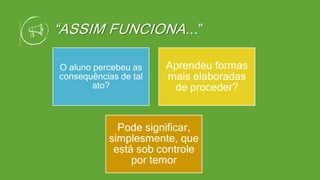 “ASSIM FUNCIONA...”
O aluno percebeu as
consequências de tal
ato?
Aprendeu formas
mais elaboradas
de proceder?
Pode significar,
simplesmente, que
está sob controle
por temor
 