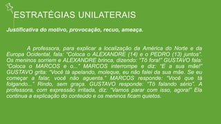 ESTRATÉGIAS UNILATERAIS
Justificativa do motivo, provocação, recuo, ameaça.
A professora, para explicar a localização da América do Norte e da
Europa Ocidental, fala: “Coloca o ALEXANDRE (14) e o PEDRO (13) juntos”.
Os meninos sorriem e ALEXANDRE brinca, dizendo: “Tô fora!” GUSTAVO fala:
“Coloca o MARCOS e o...” MARCOS interrompe e diz: “E a sua mãe!”
GUSTAVO grita: “Você tá apelando, moleque, eu não falei da sua mãe. Se eu
começar a falar, você não aguenta.” MARCOS responde: “Você que tá
folgando...” Rindo, sem graça. GUSTAVO responde: “Tô falando sério”. A
professora, com expressão irritada, diz: “Vamos parar com isso, agora!” Ela
continua a explicação do conteúdo e os meninos ficam quietos.
 