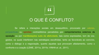 “
Se refere a interações sociais em desequilíbrio, provocado por valores,
perspectivas ou opiniões contraditórios percebidos por comportamentos externos de
oposição ou por manifestações sutis da afetividade, tais como expressões, tom de voz,
gestos, os quais interferem nas estratégias escolhidas, tanto as favoráveis ao convívio,
como o diálogo e a negociação, quanto aquelas que provocam afastamento, como o
confronto e a coação (LEME, 2011a, 2011b; VINHA et. al., 2011).
O QUE É CONFLITO?
 