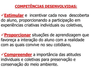 COMPETÊNCIAS DESENVOLVIDAS:
Estimular e incentivar cada nova descoberta
do aluno, proporcionando a participação em
experiências criativas individuais ou coletivas,
Proporcionar situações de aprendizagem que
favoreça a interação do aluno com a realidade
com as quais convive no seu cotidiano,
Compreender a importância das atitudes
individuais e coletivas para preservação e
conservação do meio ambiente.
 