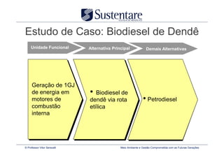 Estudo de Caso: Biodiesel de Dendê
     Unidade Funcional        Alternativa Principal              Demais Alternativas




     Geração de 1GJ
     de energia em            •  Biodiesel de
     motores de               dendê via rota                  • Petrodiesel
     combustão                etílica
     interna




© Professor Vitor Seravalli                   Meio Ambiente e Gestão Comprometida com as Futuras Gerações
 