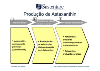 Produção de Astaxanthin
1.                            2.                                   3.
                                   Benefício ao cliente
     Produto BASF                                                       Produtos comparáveis
                                   (Unidade funcional)




                                                                        •   Astaxanthin,
                                                                        produzido
  •   Astaxanthin,                     Produção de 1 t
                                                                        biotecnologicamente
  quimicamente                       de salmão com
                                                                        por fermentação
  produzido                          dieta enriquecida
  (Lucantin Pink)                    com Astaxanthin
                                                                        •   Astaxanthin,
                                                                        produzido por algas




© Professor Vitor Seravalli                              Meio Ambiente e Gestão Comprometida com as Futuras Gerações
 