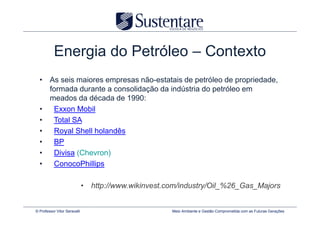 Energia do Petróleo – Contexto
  • As seis maiores empresas não-estatais de petróleo de propriedade,
    formada durante a consolidação da indústria do petróleo em
    meados da década de 1990:
  •  Exxon Mobil
  •  Total SA
  •  Royal Shell holandês
  •  BP
  •  Divisa (Chevron)
  •  ConocoPhillips

                              • http://www.wikinvest.com/industry/Oil_%26_Gas_Majors


© Professor Vitor Seravalli                           Meio Ambiente e Gestão Comprometida com as Futuras Gerações
 