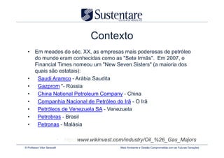Contexto
  • Em meados do séc. XX, as empresas mais poderosas de petróleo
    do mundo eram conhecidas como as "Sete Irmãs". Em 2007, o
    Financial Times nomeou um "New Seven Sisters" (a maioria dos
    quais são estatais):
  •  Saudi Aramco - Arábia Saudita
  •  Gazprom "- Rússia
  •  China National Petroleum Company - China
  •  Companhia Nacional de Petróleo do Irã - O Irã
  •  Petróleos de Venezuela SA - Venezuela
  •  Petrobras - Brasil
  •  Petronas - Malásia

                              • http://www.wikinvest.com/industry/Oil_%26_Gas_Majors
© Professor Vitor Seravalli                           Meio Ambiente e Gestão Comprometida com as Futuras Gerações
 