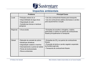 Impactos ambientais
                               Problema                                   Principal Causa

  Local            • Poluição urbana do ar             • Uso dos combustíveis fósseis para transporte.
                   • Disponibilidade de água doce      • Uso de combustíveis sólidos (biomassa e carvão)
                   • Degradação do solo                para aquecimento e cocção.
                   • Substâncias tóxicas e resíduos
                   perigosos

  Regional         • Chuva ácida                       • Emissões de enxofre e nitrogênio, matéria
                                                       particulada, e ozônio na queima de combustíveis
                                                       fósseis principalmente no transporte



  Global           • Redução da camada de ozônio       • Emissões de CO2 na queima de combustíveis
                   • Mudanças climáticas               fósseis.
                   • Degradação costeira e marinha     • Produção de lenha e carvão vegetal e expansão
                   • Desmatamento e perda de habitat   da fronteira agrícola.
                   • Perda de biodiversidade           • Transporte de combustíveis fósseis
                   • Riscos ambientais




© Professor Vitor Seravalli                                 Meio Ambiente e Gestão Comprometida com as Futuras Gerações
 