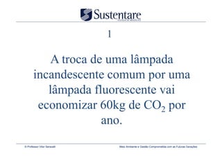 1

          A troca de uma lâmpada
       incandescente comum por uma
          lâmpada fluorescente vai
        economizar 60kg de CO2 por
                    ano.
© Professor Vitor Seravalli       Meio Ambiente e Gestão Comprometida com as Futuras Gerações
 
