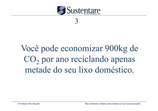 3


    Você pode economizar 900kg de
     CO2 por ano reciclando apenas
     metade do seu lixo doméstico.


© Professor Vitor Seravalli       Meio Ambiente e Gestão Comprometida com as Futuras Gerações
 