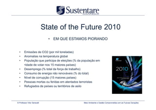 State of the Future 2010
                                • EM QUE ESTAMOS PIORANDO


  •     Emissões de CO2 (por mil toneladas)
  •     Anomalias na temperatura global
  •     População que participa de eleições (% da população em
        •idade de votar nos 15 maiores países)
  •     Desemprego (% total da força de trabalho)
  •     Consumo de energia não renováveis (% do total)
  •     Nível de corrupção (15 maiores países)
  •     Pessoas mortas ou feridas em atentados terroristas
  •     Refugiados de países ou territórios de asilo




© Professor Vitor Seravalli                       Meio Ambiente e Gestão Comprometida com as Futuras Gerações
 