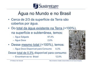 Água no Mundo e no Brasil
• Cerca de 2/3 da superfície da Terra são
  cobertos por água.
• Do total da água existente na Terra (=100%),
  na superfície e subterrânea, temos:
      – Água Salgada                 97,4%
      – Água Doce                    2,6%

• Desse mesmo total (=100%), temos:
      – Água Doce Disponível para Consumo        0,3%
Desse total de 0,3% disponível para consumo:
      – Encontram-se no Brasil                   12,0%
 © Professor Vitor Seravalli           Meio Ambiente e Gestão Comprometida com as Futuras Gerações
 