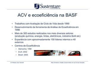 ACV e ecoeficiência na BASF
  • Trabalhos com Avaliação de Ciclo de Vida desde 1990
  • Desenvolvimento da ferramenta de Análise de Ecoeficiência em
    1996
  • Mais de 300 estudos realizados nos mais diversos setores
    (produção química, energia, tintas, eletrônicos, indústria têxtil etc)
  • Experiência com aproximadamente 150 líderes internos e 40
    externos
  • Centros de Ecoeficiência
          •    Alemanha: 1998
          •    EUA: 2002
          •    Brasil: 2005



© Professor Vitor Seravalli                Meio Ambiente e Gestão Comprometida com as Futuras Gerações
 