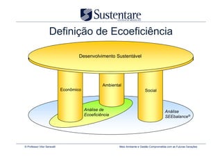 Definição de Ecoeficiência

                                      Desenvolvimento Sustentável




                                                   Ambiental
                              Econômico                                       Social



                                          Análise de                                         Análise
                                          Ecoeficiência                                      SEEbalance®




© Professor Vitor Seravalli                                Meio Ambiente e Gestão Comprometida com as Futuras Gerações
 