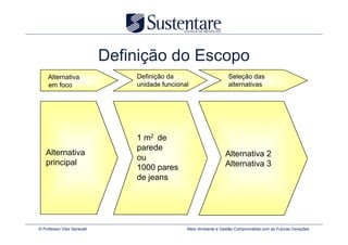 Definição do Escopo
     Alternativa                  Definição da                       Seleção das
     em foco                      unidade funcional                  alternativas




                                  1 m2 de
                                  parede
    Alternativa                                                     Alternativa 2
                                  ou
    principal                                                       Alternativa 3
                                  1000 pares
                                  de jeans




© Professor Vitor Seravalli                       Meio Ambiente e Gestão Comprometida com as Futuras Gerações
 