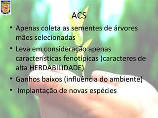 ACS
• Apenas coleta as sementes de árvores
mães selecionadas
• Leva em consideração apenas
características fenotípicas (caracteres de
alta HERDABILIDADE)
• Ganhos baixos (influência do ambiente)
• Implantação de novas espécies