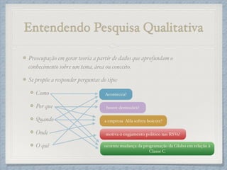 Entendendo Pesquisa Qualitativa
Preocupação em gerar teoria a partir de dados que aprofundam o
conhecimento sobre um tema, área ou conceito.!
Se propõe a responder perguntas do tipo:!
Como !
Por que!
Quando!
Onde!
O quê
Aconteceu?
houve demissões?
a empresa Alfa sofreu boicote?
motiva o engjamento político nas RSVs?
ocorreu mudança da programação da Globo em relação à
Classe C
 