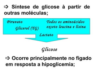    Síntese de glicose à partir de outras moléculas;    Ocorre principalmente no fígado em resposta a hipoglicemia; Glicose Piruvato Lactato Todos os aminoácidos  exceto leucina e lisina Glicerol (TG) 
