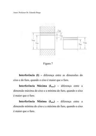 Autor: Professor Dr. Eduardo Braga
Figura 7
Interferência (I) – diferença entre as dimensões do
eixo e do furo, quando o eixo é maior que o furo.
Interferência Máxima (Imax) – diferença entre a
dimensão máxima do eixo e a mínima do furo, quando o eixo
é maior que o furo.
Interferência Mínima (Imin) – diferença entre a
dimensão mínima do eixo e a máxima do furo, quando o eixo
é maior que o furo.
 