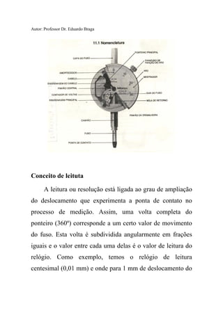 Autor: Professor Dr. Eduardo Braga
Conceito de leituta
A leitura ou resolução está ligada ao grau de ampliação
do deslocamento que experimenta a ponta de contato no
processo de medição. Assim, uma volta completa do
ponteiro (360º) corresponde a um certo valor de movimento
do fuso. Esta volta é subdividida angularmente em frações
iguais e o valor entre cada uma delas é o valor de leitura do
relógio. Como exemplo, temos o relógio de leitura
centesimal (0,01 mm) e onde para 1 mm de deslocamento do
 
