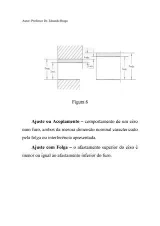 Autor: Professor Dr. Eduardo Braga
Figura 8
Ajuste ou Acoplamento – comportamento de um eixo
num furo, ambos da mesma dimensão nominal caracterizado
pela folga ou interferência apresentada.
Ajuste com Folga – o afastamento superior do eixo é
menor ou igual ao afastamento inferior do furo.
 