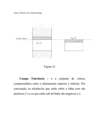 Autor: Professor Dr. Eduardo Braga
Figura 12
Campo Tolerância – é o conjunto de valores
compreendidos entre o afastamento superior e inferior. Por
convenção, as tolerâncias que estão sobre a linha zero são
positivas (+) e as que estão sob tal linha são negativas (-).
 