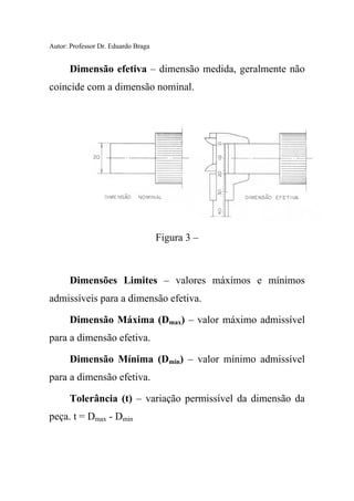 Autor: Professor Dr. Eduardo Braga
Dimensão efetiva – dimensão medida, geralmente não
coincide com a dimensão nominal.
Figura 3 –
Dimensões Limites – valores máximos e mínimos
admissíveis para a dimensão efetiva.
Dimensão Máxima (Dmax) – valor máximo admissível
para a dimensão efetiva.
Dimensão Mínima (Dmin) – valor mínimo admissível
para a dimensão efetiva.
Tolerância (t) – variação permissível da dimensão da
peça. t = Dmax - Dmin
 