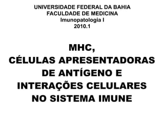 UNIVERSIDADE FEDERAL DA BAHIA
       FACULDADE DE MEDICINA
           Imunopatologia I
               2010.1



          MHC,
CÉLULAS APRESENTADORAS
     DE ANTÍGENO E
 INTERAÇÕES CELULARES
    NO SISTEMA IMUNE
 