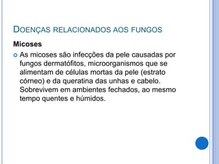 DOENÇAS RELACIONADOS AOS FUNGOS
Micoses
 As micoses são infecções da pele causadas por
fungos dermatófitos, microorganismos que se
alimentam de células mortas da pele (estrato
córneo) e da queratina das unhas e cabelo.
Sobrevivem em ambientes fechados, ao mesmo
tempo quentes e húmidos.
 