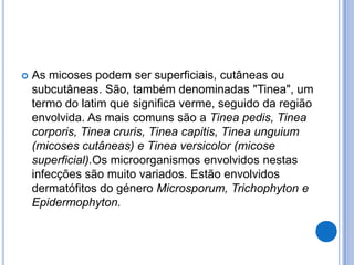  As micoses podem ser superficiais, cutâneas ou
subcutâneas. São, também denominadas "Tinea", um
termo do latim que significa verme, seguido da região
envolvida. As mais comuns são a Tinea pedis, Tinea
corporis, Tinea cruris, Tinea capitis, Tinea unguium
(micoses cutâneas) e Tinea versicolor (micose
superficial).Os microorganismos envolvidos nestas
infecções são muito variados. Estão envolvidos
dermatófitos do género Microsporum, Trichophyton e
Epidermophyton.
 