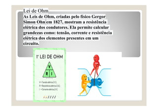 Lei de Ohm
As Leis de Ohm, criadas pelo físico Gergor
Simon Ohn em 1827, mostram a resistência
elétrica dos condutores. Ela permite calcular
grandezas como: tensão, corrente e resistência
elétrica dos elementos presentes em um
circuito.
 