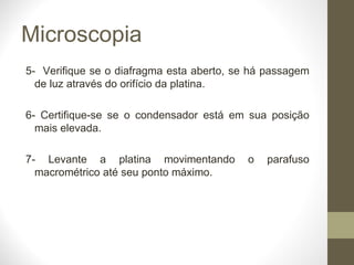Microscopia 5-  Verifique se o diafragma esta aberto, se há passagem de luz através do orifício da platina. 6- Certifique-se se o condensador está em sua posição mais elevada. 7- Levante a platina movimentando o parafuso macrométrico até seu ponto máximo. 