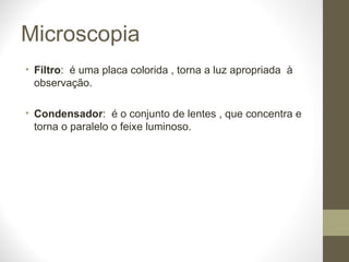 Microscopia Filtro :  é uma placa colorida , torna a luz apropriada  à observação. Condensador :  é o conjunto de lentes , que concentra e torna o paralelo o feixe luminoso. 