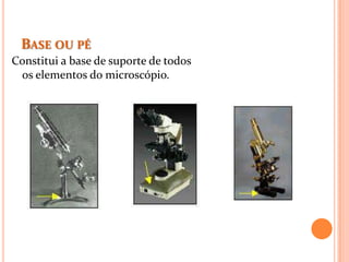 BASE OU PÉ
Constitui a base de suporte de todos
os elementos do microscópio.
 