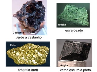 verde a castanho
Pirita
amarelo-ouro
Augita
verde escuro a preto
Jadeíta
esverdeado
Casiterita
 