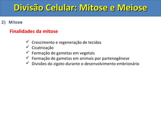 DDiivviissããoo CCeelluullaarr:: MMiittoossee ee MMeeiioossee 
2) Mitose 
Finalidades da mitose 
 Crescimento e regeneração de tecidos 
 Cicatrização 
 Formação de gametas em vegetais 
 Formação de gametas em animais por partenogênese 
 Divisões do zigoto durante o desenvolvimento embrionário 
 