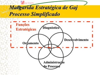 Margarida Estratégica de Gaj
Processo Simplificado
  Funções
                 Diagnóstico
  Estratégicas

                               Desenvolvimento
     Orçamento




                 Administração
                 do Processo
 