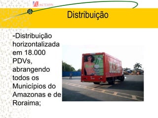 Distribuição

-Distribuição
horizontalizada
em 18.000
PDVs,
abrangendo
todos os
Municípios do
Amazonas e de
Roraima;
 