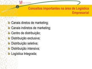 Conceitos importantes na área de Logística
                                          Empresarial

Canais diretos de marketing;
Canais indiretos de marketing;
Centro de distribuição;
Distribuição exclusiva;
Distribuição seletiva;
Distribuição intensiva;
Logística Integrada;
 
