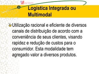Logística Integrada ou
         Multimodal
Utilização racional e eficiente de diversos
canais de distribuição de acordo com a
conveniência de seus clientes, visando
rapidez e redução de custos para o
consumidor. Esta modalidade tem
agregado valor a diversos produtos.
 