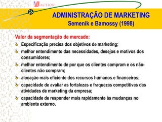 ADMINISTRAÇÃO DE MARKETING
                         Semenik e Bamossy (1998)

Valor da segmentação de mercado:
  Especificação precisa dos objetivos de marketing;
  melhor entendimento das necessidades, desejos e motivos dos
  consumidores;
  melhor entendimento de por que os clientes compram e os não-
  clientes não compram;
  alocação mais eficiente dos recursos humanos e financeiros;
  capacidade de avaliar as fortalezas e fraquezas competitivas das
  atividades de marketing da empresa;
  capacidade de responder mais rapidamente às mudanças no
  ambiente externo.
 
