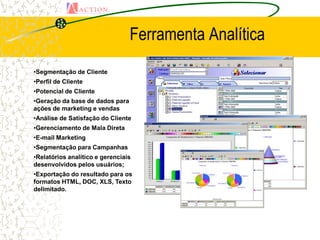 Ferramenta Analítica
•Segmentação de Cliente
•Perfil de Cliente
•Potencial de Cliente
•Geração da base de dados para
ações de marketing e vendas
•Análise de Satisfação do Cliente
•Gerenciamento de Mala Direta
•E-mail Marketing
•Segmentação para Campanhas
•Relatórios analítico e gerenciais
desenvolvidos pelos usuários;
•Exportação do resultado para os
formatos HTML, DOC, XLS, Texto
delimitado.
 