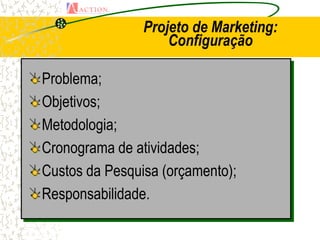Projeto de Marketing:
                    Configuração

Problema;
Objetivos;
Metodologia;
Cronograma de atividades;
Custos da Pesquisa (orçamento);
Responsabilidade.
 