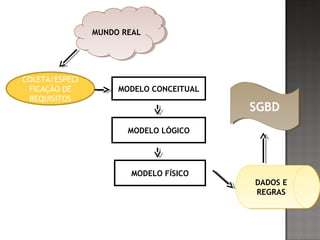 MUNDO REALMUNDO REAL
COLETA/ESPECI
FICAÇÃO DE
REQUISITOS
MODELO CONCEITUAL
MODELO FÍSICO
MODELO LÓGICO
DADOS E
REGRAS
DADOS E
REGRAS
SGBDSGBD
 