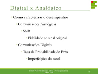 Digital x Analógico
16
Instituto Federal de Educação. Ciência e Tecnologia do Ceará
CAMPUS TAUÁ
◦ Como caracterizar o desempenho?
◦ Comunicações Analógicas
◦ SNR
◦ Fidelidade ao sinal original
◦ Comunicações Digitais
◦ Taxa de Probabilidade de Erro
◦ Imperfeições do canal
 
