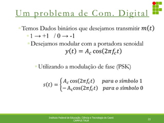 Um problema de Com. Digital
23
Instituto Federal de Educação. Ciência e Tecnologia do Ceará
CAMPUS TAUÁ
◦ Temos Dados binários que desejamos transmitir 𝑚 𝑡
◦ 1 → +1 / 0 → -1
◦ Desejamos modular com a portadora senoidal
𝑦 𝑡 = 𝐴𝑐 cos 2𝜋𝑓
𝑐𝑡
◦ Utilizando a modulação de fase (PSK)
𝑠 𝑡 =
𝐴𝑐 cos 2𝜋𝑓
𝑐𝑡 ⁡⁡⁡⁡⁡⁡𝑝𝑎𝑟𝑎⁡𝑜⁡𝑠í𝑚𝑏𝑜𝑙𝑜⁡1
− Accos 2𝜋𝑓
𝑐𝑡 ⁡⁡⁡⁡𝑝𝑎𝑟𝑎⁡𝑜⁡𝑠í𝑚𝑏𝑜𝑙𝑜⁡0
 