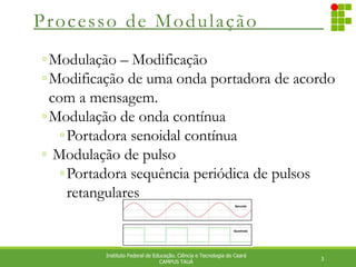 Processo de Modulação
3
Instituto Federal de Educação. Ciência e Tecnologia do Ceará
CAMPUS TAUÁ
◦Modulação – Modificação
◦Modificação de uma onda portadora de acordo
com a mensagem.
◦Modulação de onda contínua
◦Portadora senoidal contínua
◦ Modulação de pulso
◦Portadora sequência periódica de pulsos
retangulares
 