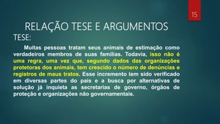 RELAÇÃO TESE E ARGUMENTOS
TESE:
Muitas pessoas tratam seus animais de estimação como
verdadeiros membros de suas famílias. Todavia, isso não é
uma regra, uma vez que, segundo dados das organizações
protetoras dos animais, tem crescido o número de denúncias e
registros de maus tratos. Esse incremento tem sido verificado
em diversas partes do país e a busca por alternativas de
solução já inquieta as secretarias de governo, órgãos de
proteção e organizações não governamentais.
15
 