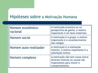 Hipóteses sobre  a Motivação Humana Homem econômico-racional A motivação encontra-se na perspectiva do ganho; o motivo importante é ter bens materiais. Homem social A motivação é o grupo; o motivo importante é o reconhecimento dos colegas. Homem auto-realizador A motivação é a realização interior; o motivo importante é a satisfação íntima. Homem complexo A motivação não tem causa única; diversos motivos ou causas são importantes para mover o comportamento. 